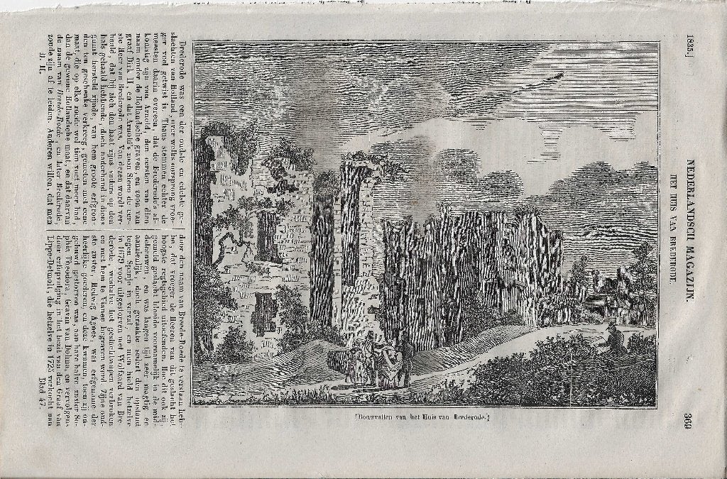 Bouwvallen van het Huis van Brederode Houtgravure 1835, Antiek en Kunst, 1800 - 1899, Architectuur, Ophalen of Verzenden, Gravure