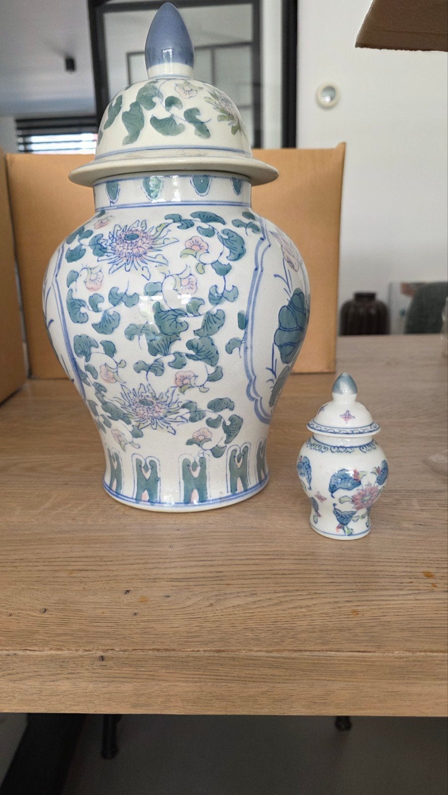 Set van 2 Chinese gemberpotten, blauw-wit porselein, Antiek en Kunst, Ophalen of Verzenden