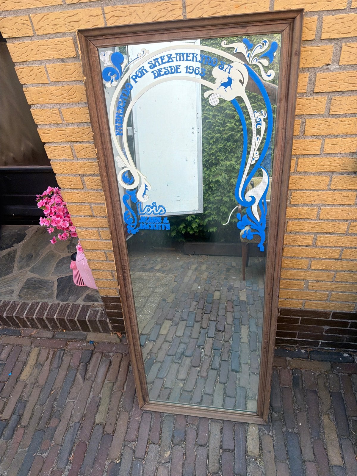 Vintage Lois Jeans spiegel - jaren '70/'80, Huis en Inrichting, Woonaccessoires | Spiegels, Gebruikt, Ophalen of Verzenden, 150 tot 200 cm