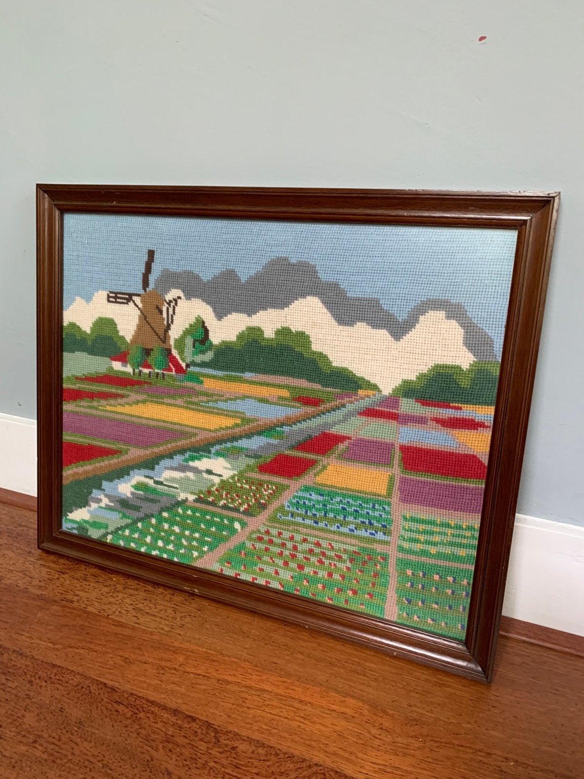 Vintage borduurwerk Holland landschap molen bloemen retro 70, Overige typen, Ophalen of Verzenden, Zo goed als nieuw, 5 – 50