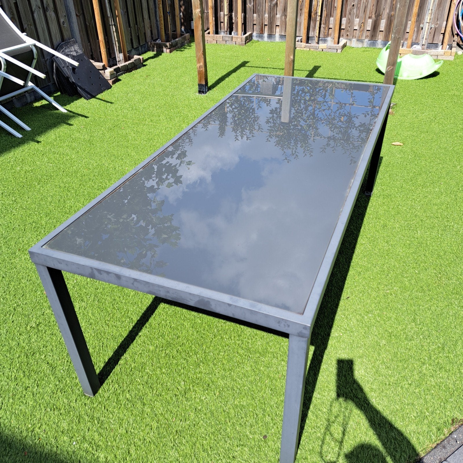 Gratis op te halen: Glazen tuintafel Toledo 210x90 cm, Tuin en Terras, Ophalen, Gebruikt, Rechthoekig, Aluminium