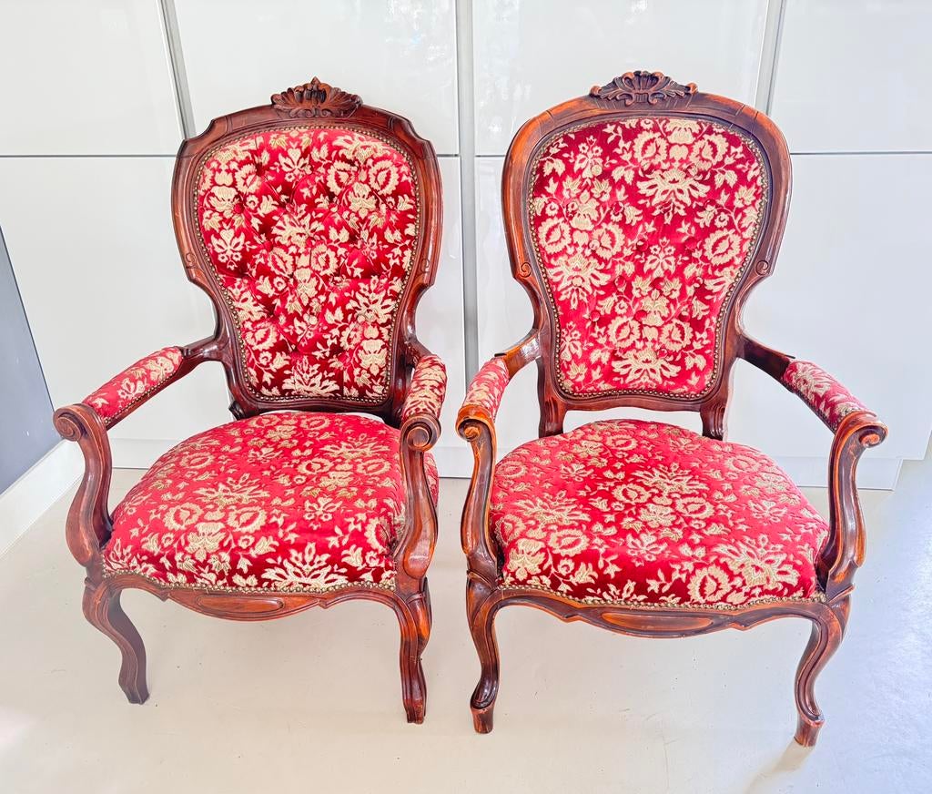 Twee Identieke barok fauteuils, Ophalen, 75 tot 100 cm, Zo goed als nieuw, Stof