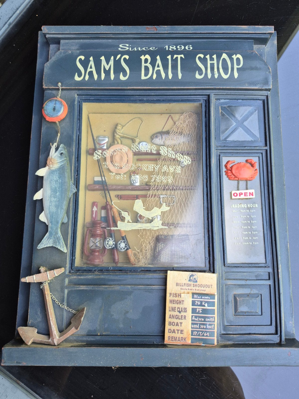 Vintage Sam's Bait Shop 3D Viswinkel diorama 40 x 30cm, Ophalen of Verzenden, Gebruikt
