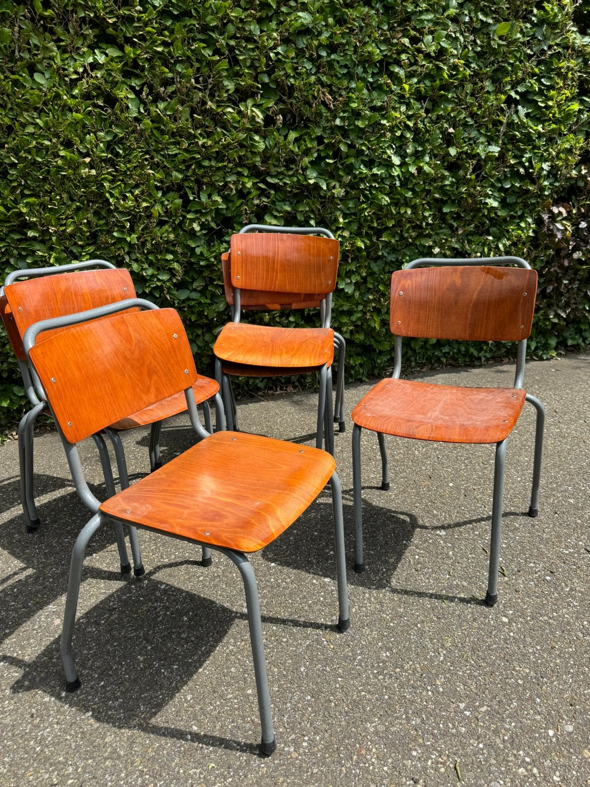 7 eetkamerstoelen vintage TU DELFT industrieel SETPRIJS, Ophalen, Gebruikt, Overige kleuren, Vijf, Zes of meer stoelen