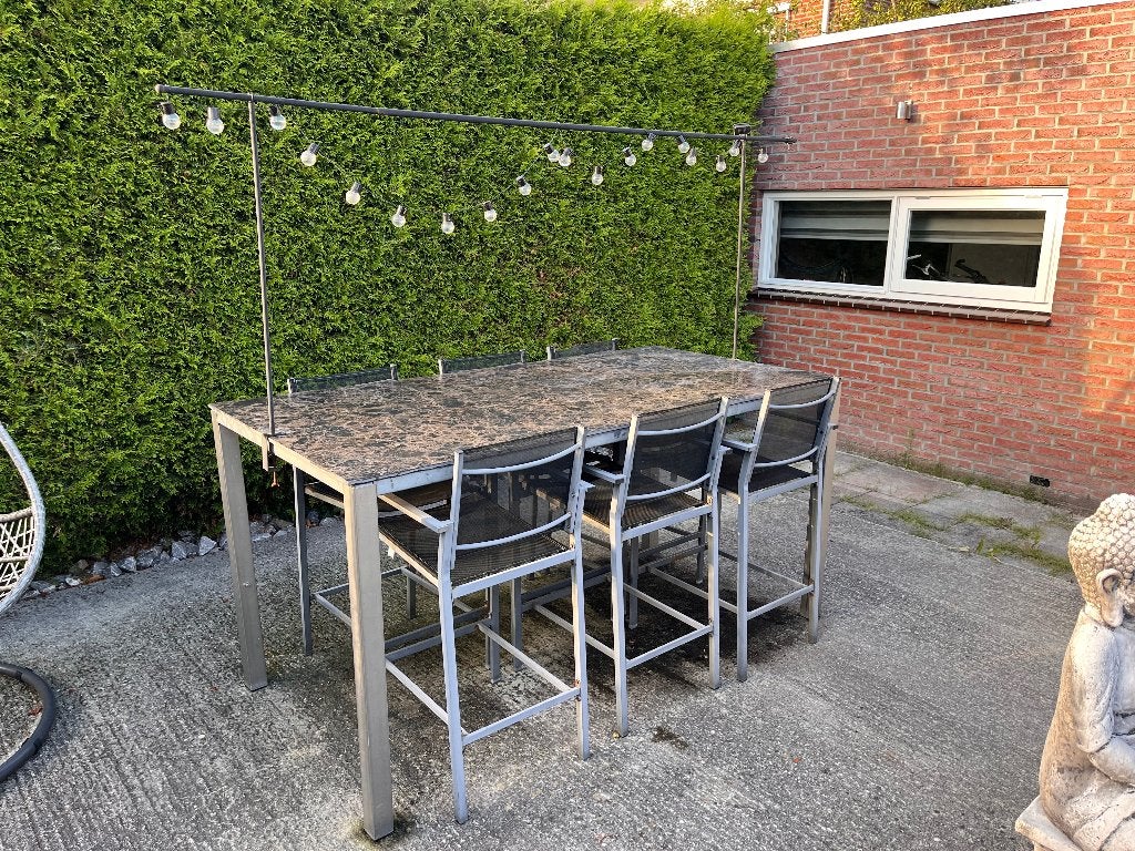 Hoge tuintafel met 6 barkrukken, Ophalen, Gebruikt, Rechthoekig, Rvs