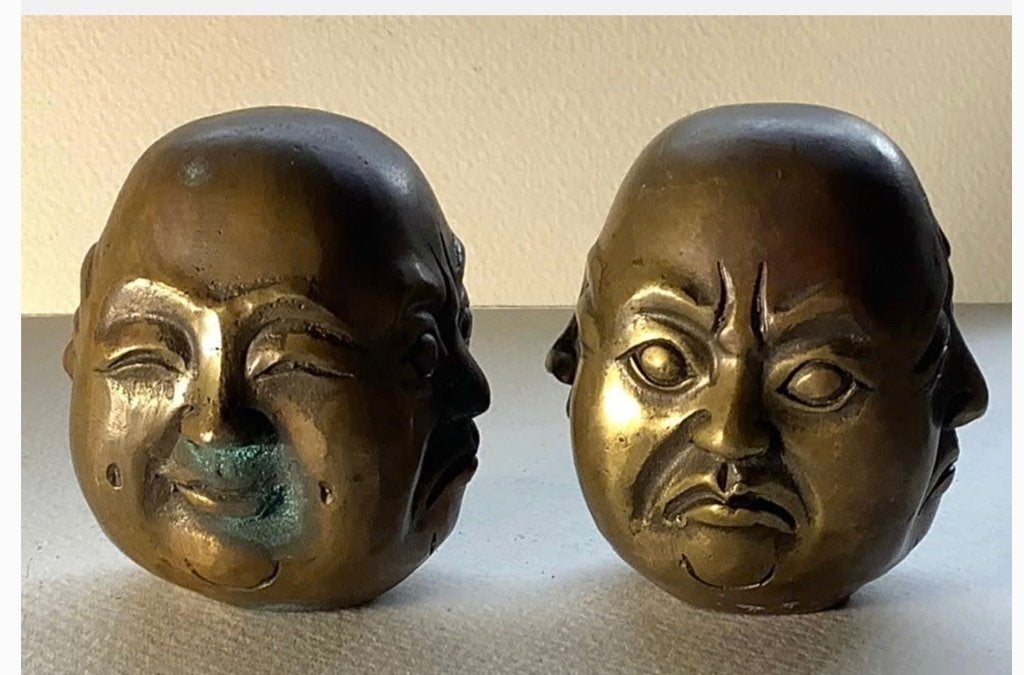 2 x Messing sculptuur boeddha hoofd, vier gezichten pr.p.st., Ophalen of Verzenden