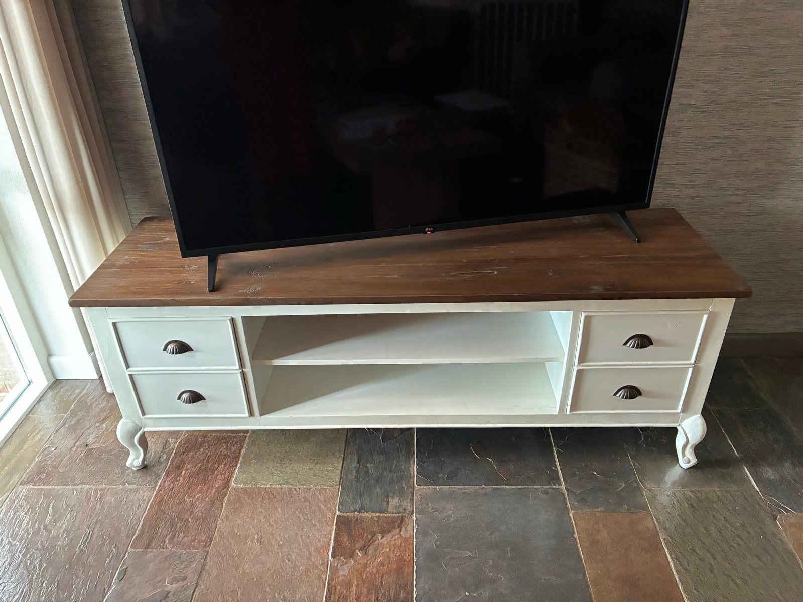 TV-meubel met lades en planken, 160x50x58 cm, Ophalen, 150 tot 200 cm, Teakhout, Zo goed als nieuw