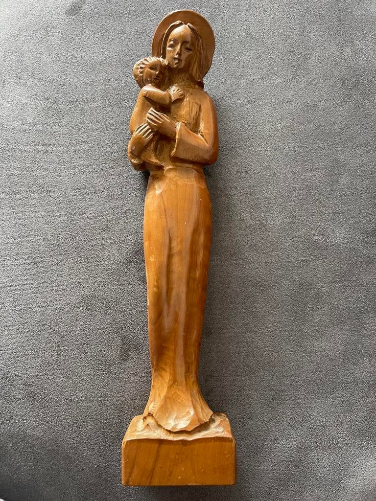 Vintage Mid Century houtsnijwerk Maagd Maria, Madonna, Ophalen of Verzenden, Zo goed als nieuw, Beeld(je)