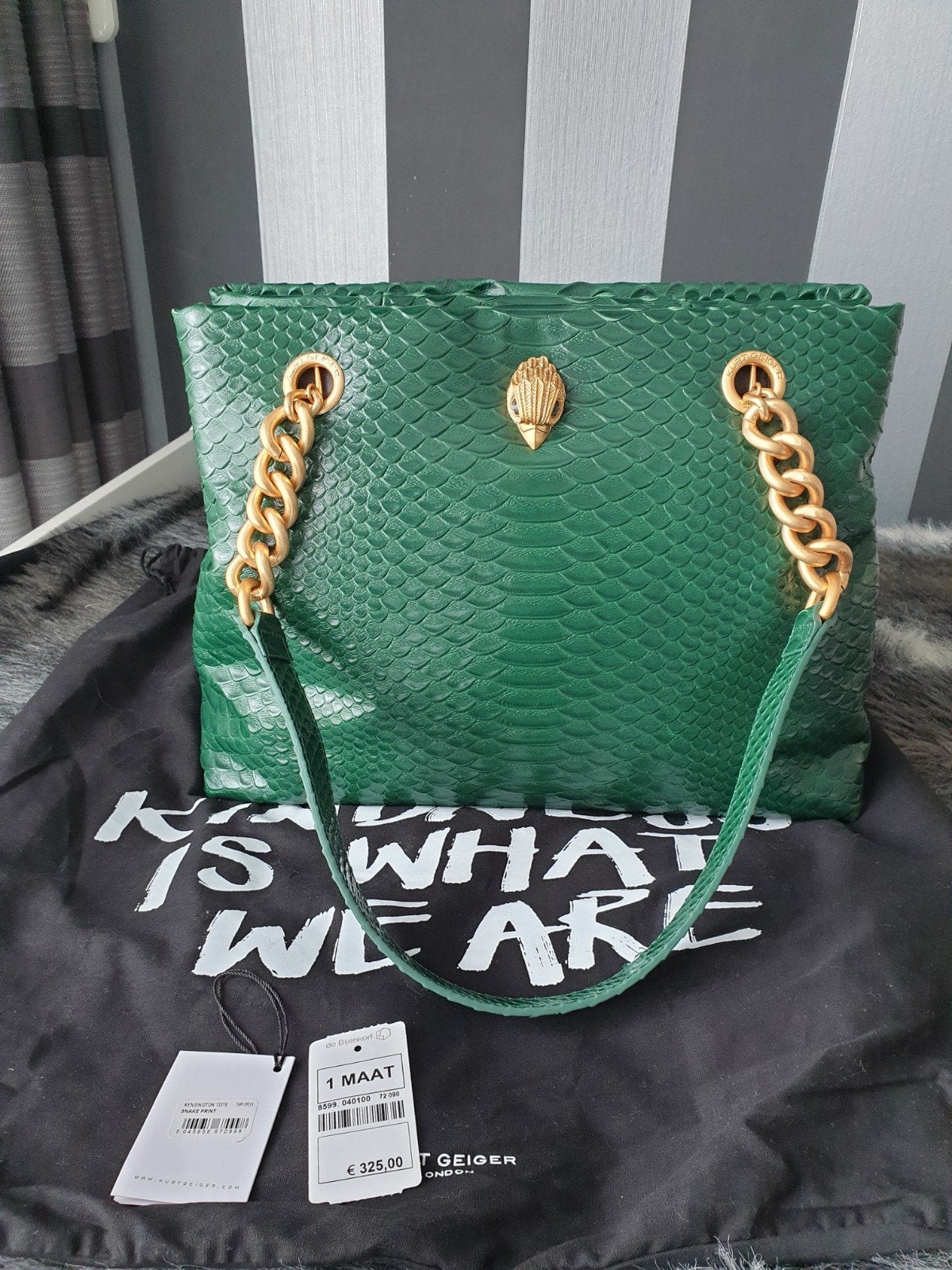 Kurt Geiger Kensington tote groen leren slangenprint tas, Verzenden, Nieuw, Groen, Schoudertasje