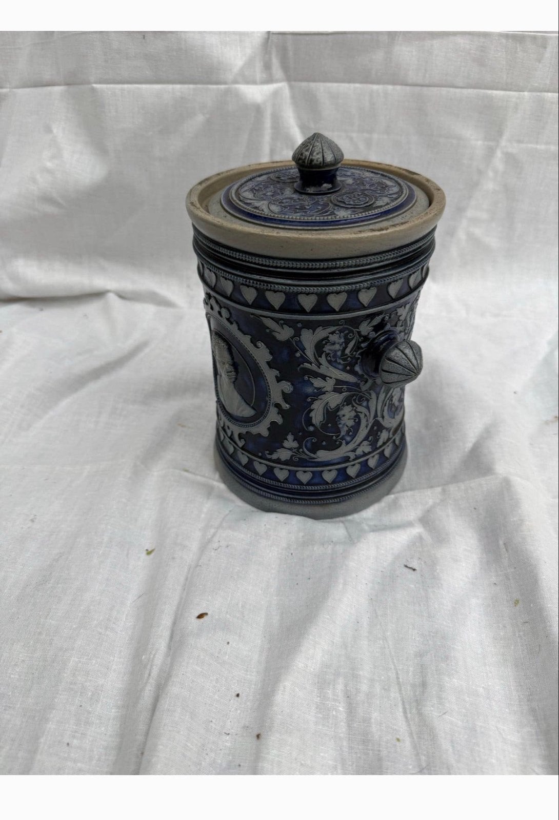 Antieke Duitse Steengoed Pot met Deksel - Blauw/Grijs, Antiek en Kunst, Ophalen of Verzenden