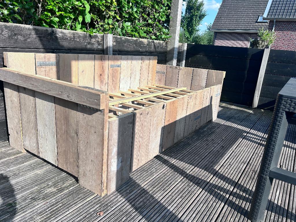 Stoere Steigerhouten Tuinbank, Tuin en Terras, Tuinsets en Loungesets, Ophalen, 3 zitplaatsen, Steigerhout, Zo goed als nieuw
