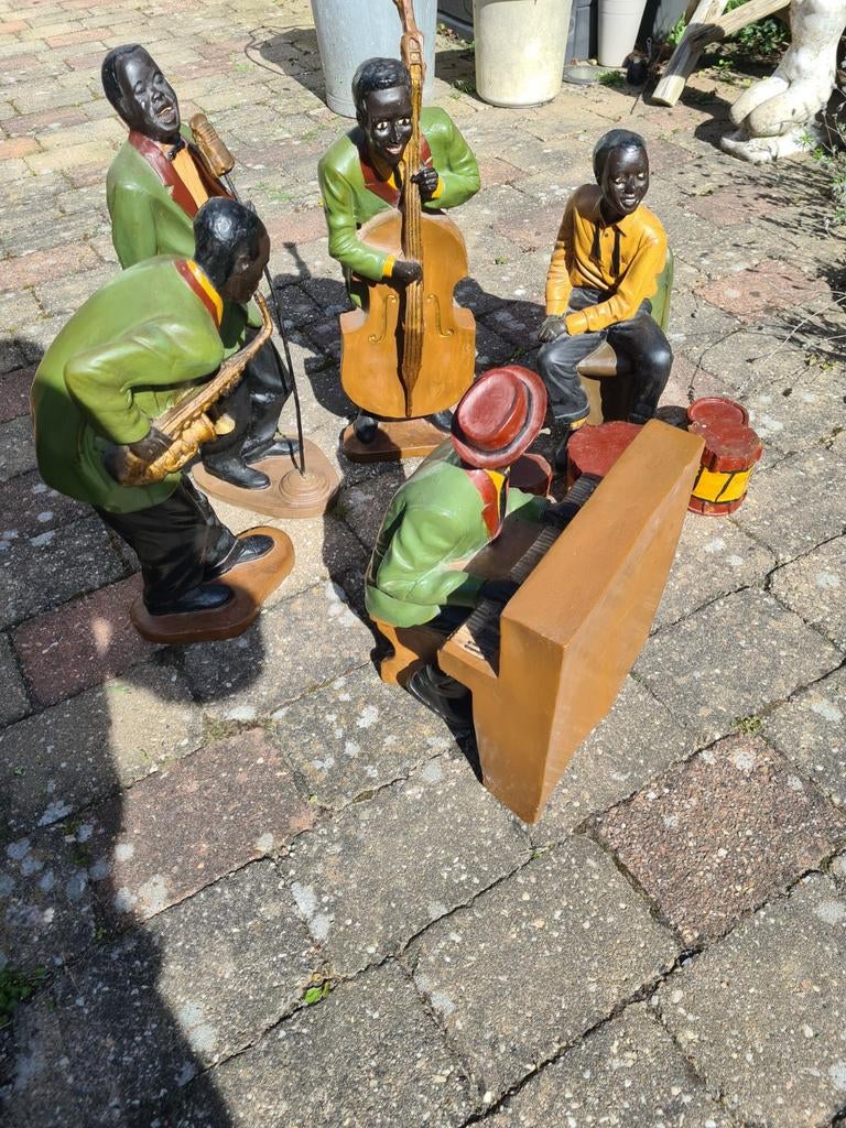 Jazzband beelden, 5 muzikanten met instrumenten, Verzamelen, Beelden en Beeldjes, Ophalen of Verzenden