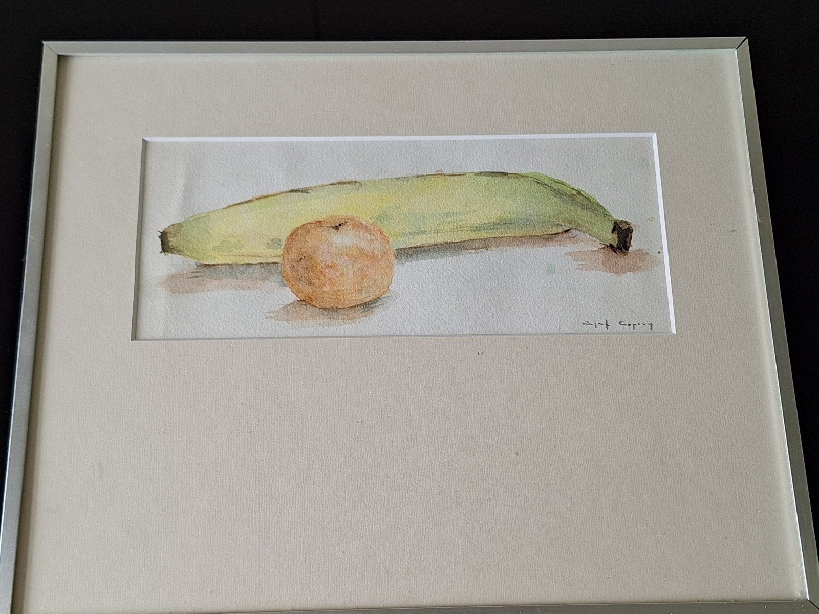 Aquarel stilleven met banaan en mandarijn, gesigneerd, Antiek en Kunst, Kunst | Tekeningen en Foto's, Ophalen of Verzenden, Tekening