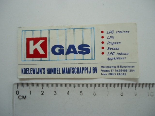 sticker oud Bunschoten K GAS Koelewijn maatschappij retro, Verzamelen, Verzenden, Zo goed als nieuw, Bedrijf of Vereniging