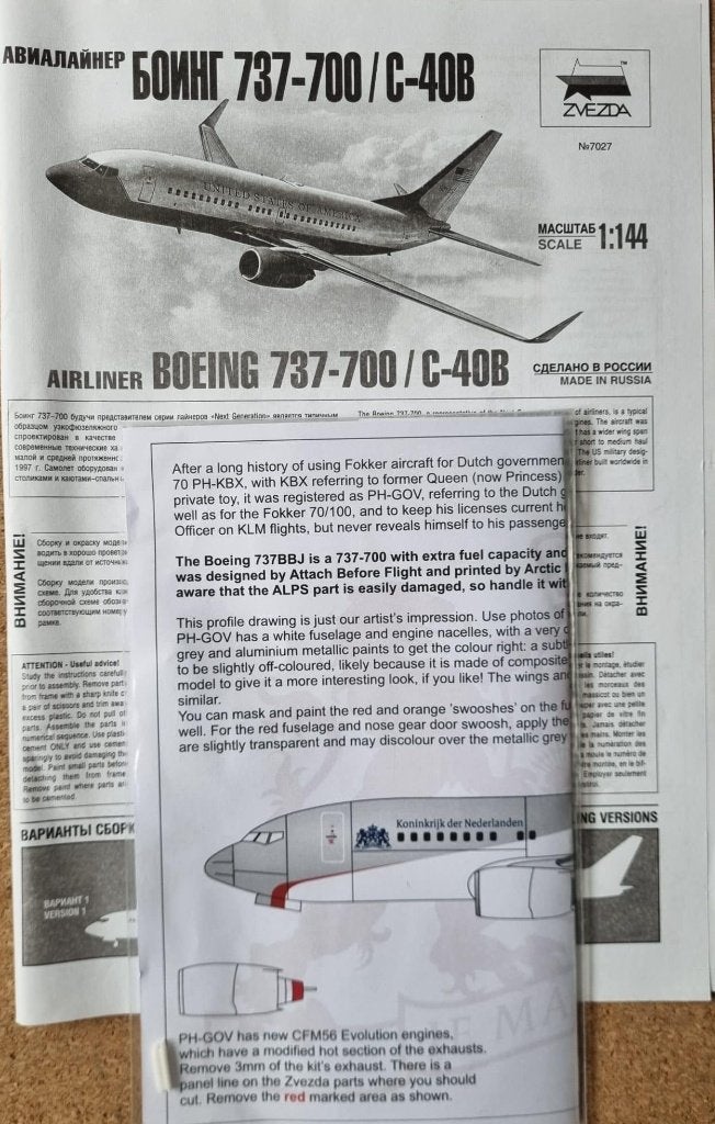 Zvezda 7027 Boeing 737-700 / C-40B 1:144 + Dutch Gov. DECALS, Overige merken, 1:144 tot 1:200, Ophalen of Verzenden, Zo goed als nieuw