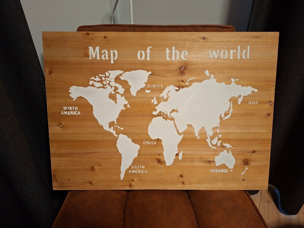 Map of the world schilderij, Huis en Inrichting, Ophalen, Gebruikt, 55 cm, Hout