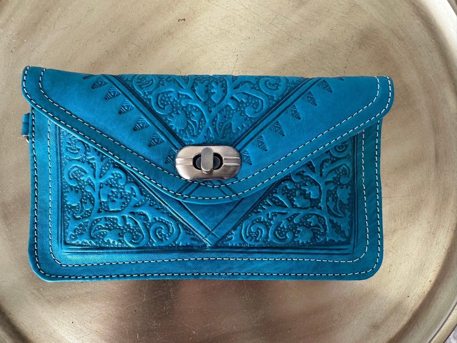 Marokkaans handgemaakt leren portemonnee/clutch, Overige merken, Blauw, Nieuw, Ophalen of Verzenden
