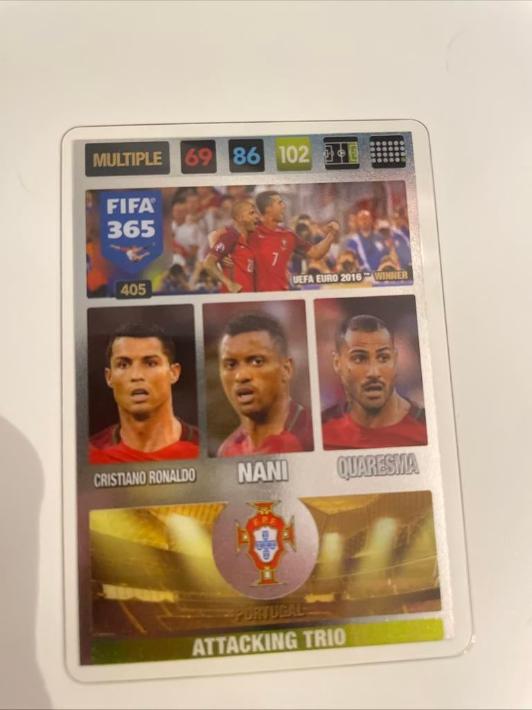 Attacking trio Ronaldo,Nani,Quaresma panini, Hobby en Vrije tijd, Stickers en Plaatjes, Ophalen of Verzenden, Zo goed als nieuw