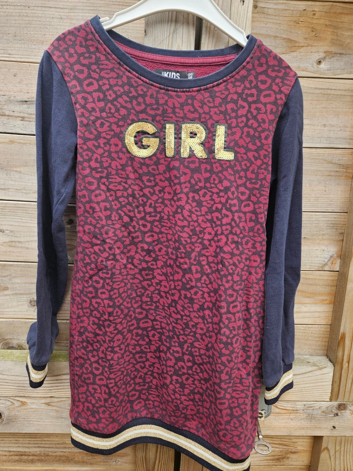 Jurk Europe Kids maat 134/140 met panterprint en 'GIRL', Gebruikt, Europe Kids, Meisje, Ophalen of Verzenden