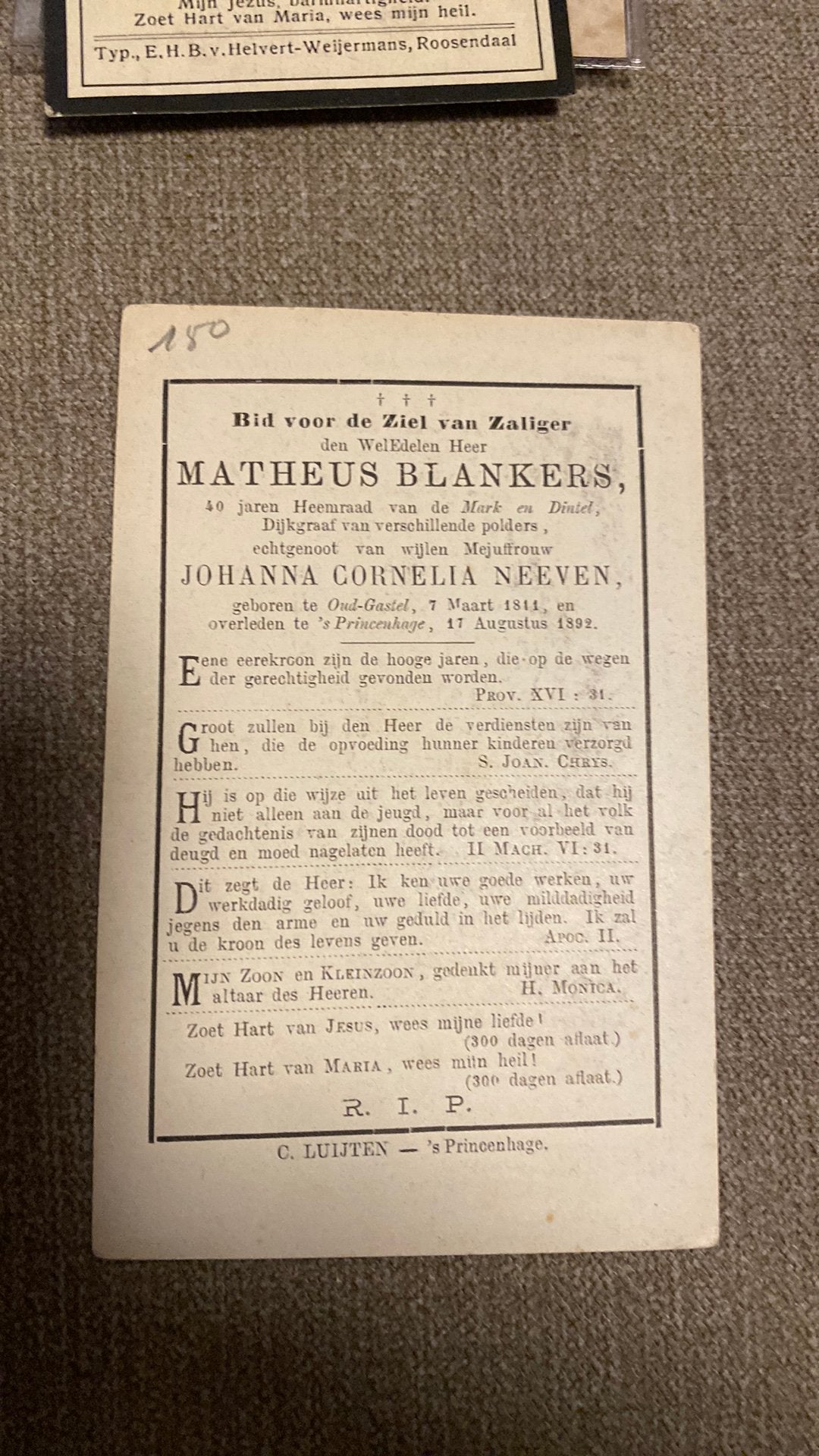 dijkgraaf M Blankers Neeven 1811 Oud Gastel 1882 Princenhage, Ophalen of Verzenden