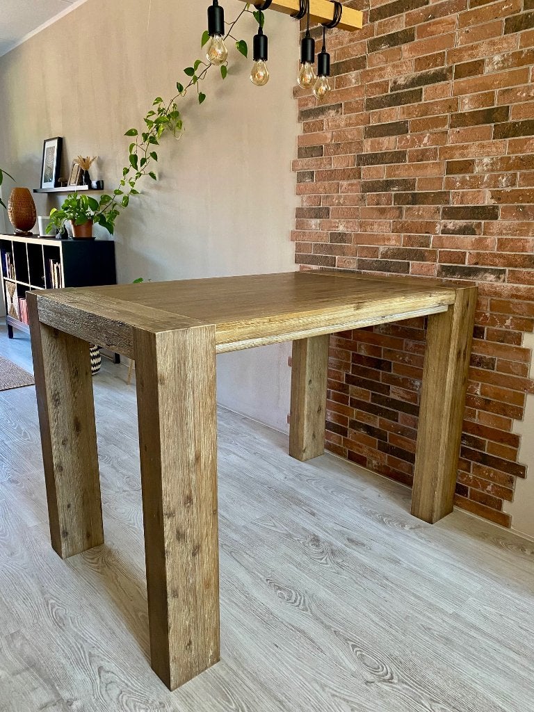 Robuuste Massief Houten Bartafel / Hoge Eettafel, Ophalen, Gebruikt, 100 tot 150 cm, Industrieel / Landelijk / Rustiek