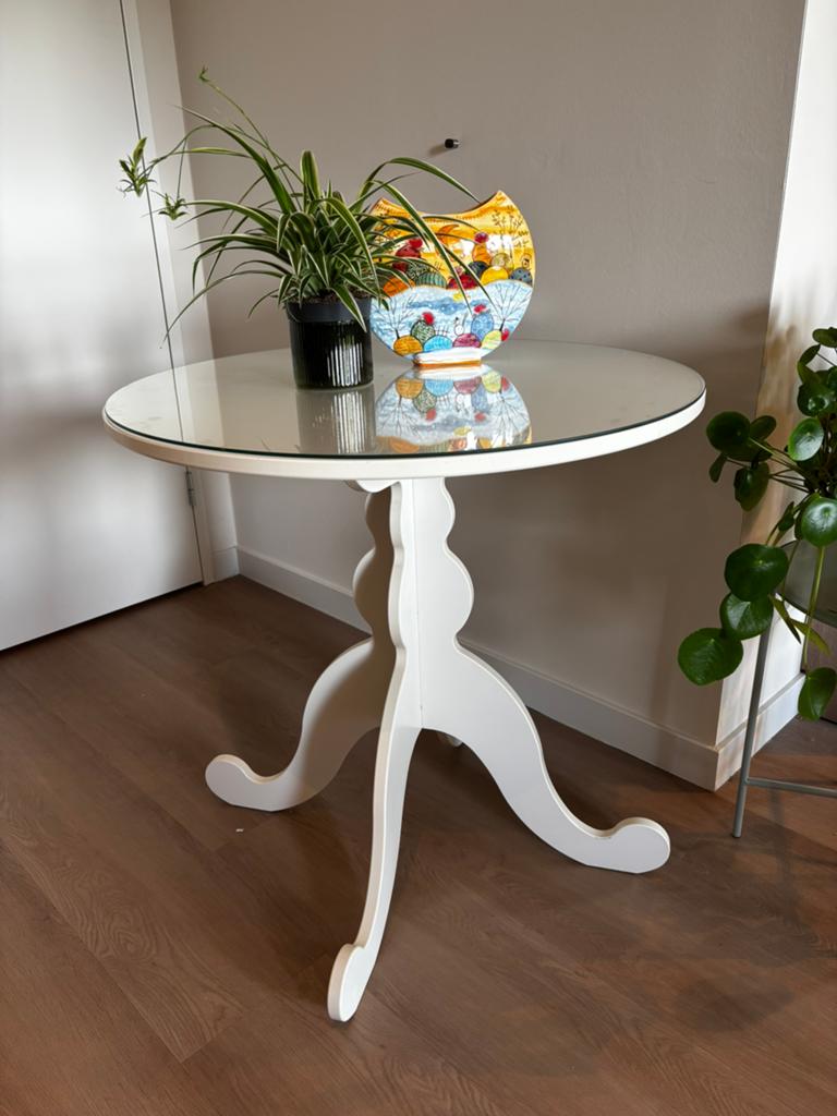 "Vintage IKEA EDEN sidetable met glazen blad - wit", Ophalen, Rond, Zo goed als nieuw, 75 cm of meer