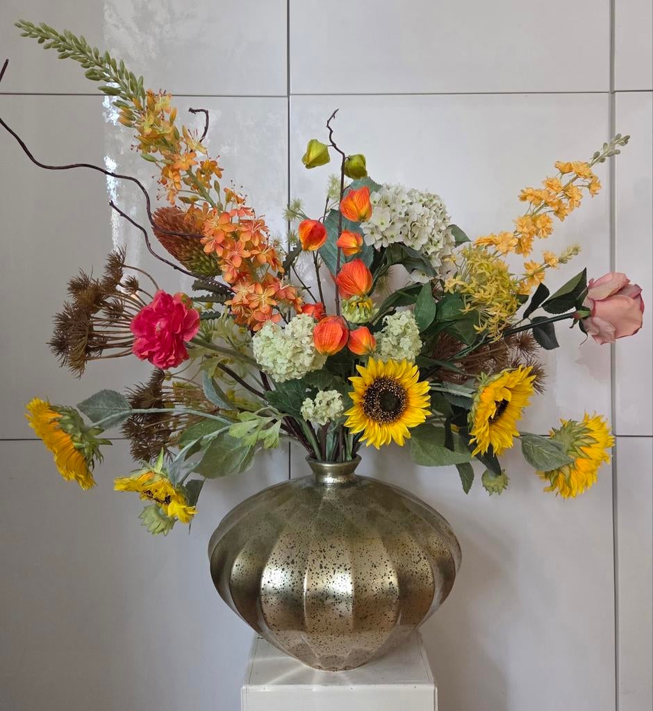 XL zijden bloemstuk met luxe zijden kunstbloemen incl vaas, Binnen, Ophalen of Verzenden, Zo goed als nieuw, Bloemstuk