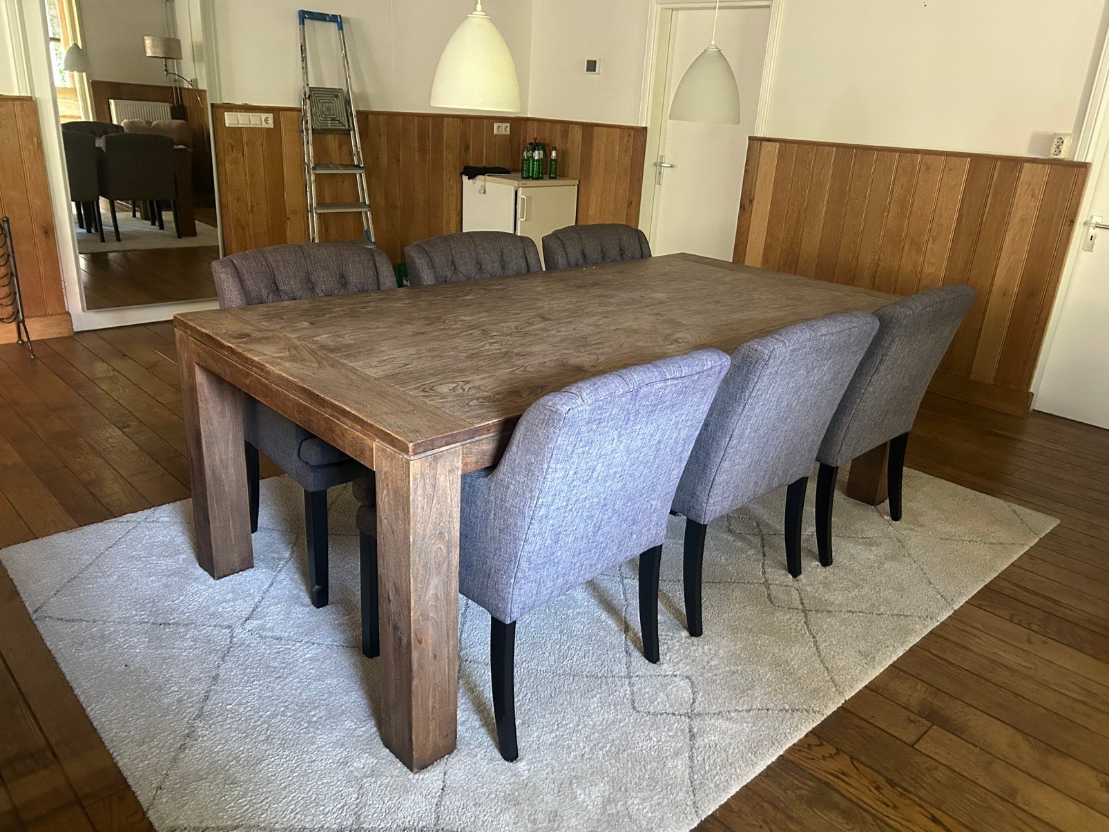 Teak houten tafel inclusief set stoelen, Ophalen, Gebruikt, 6 tot 8 stoelen