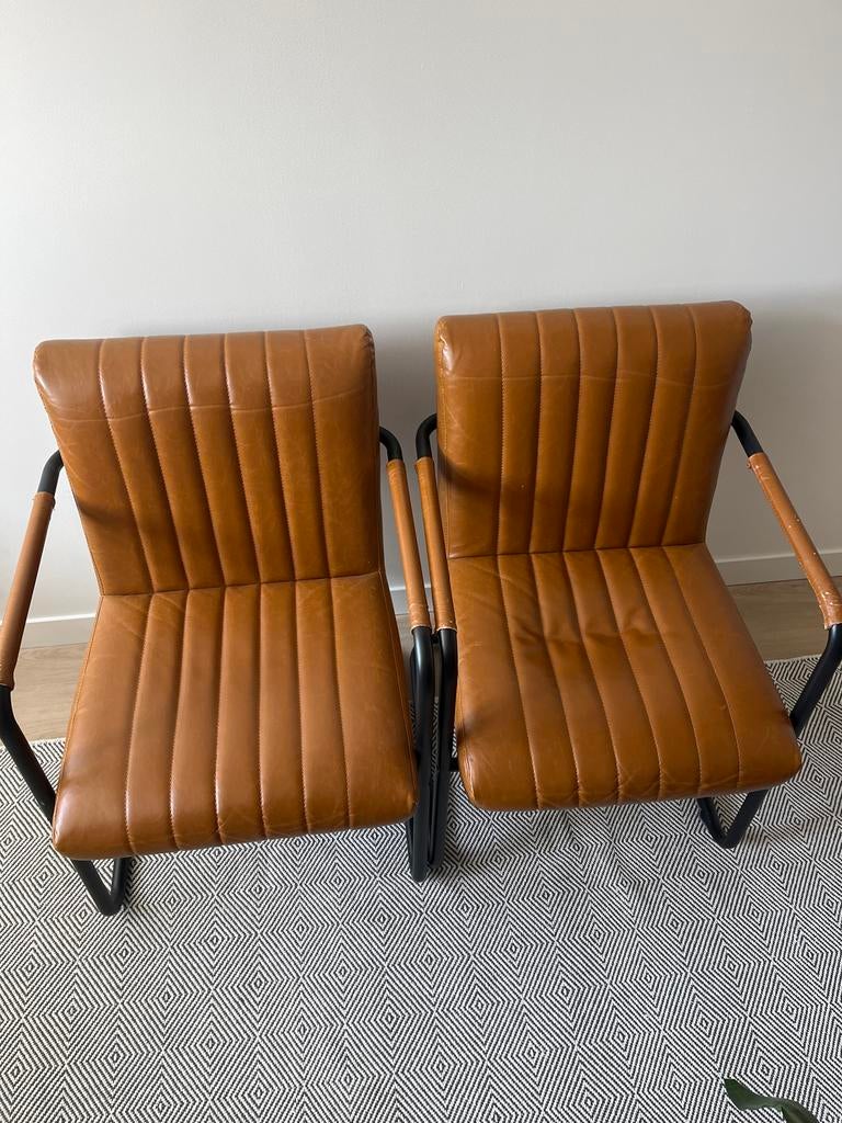 2x Dutch bone leren eettafel stoelen, Ophalen, Gebruikt, Twee, Bruin