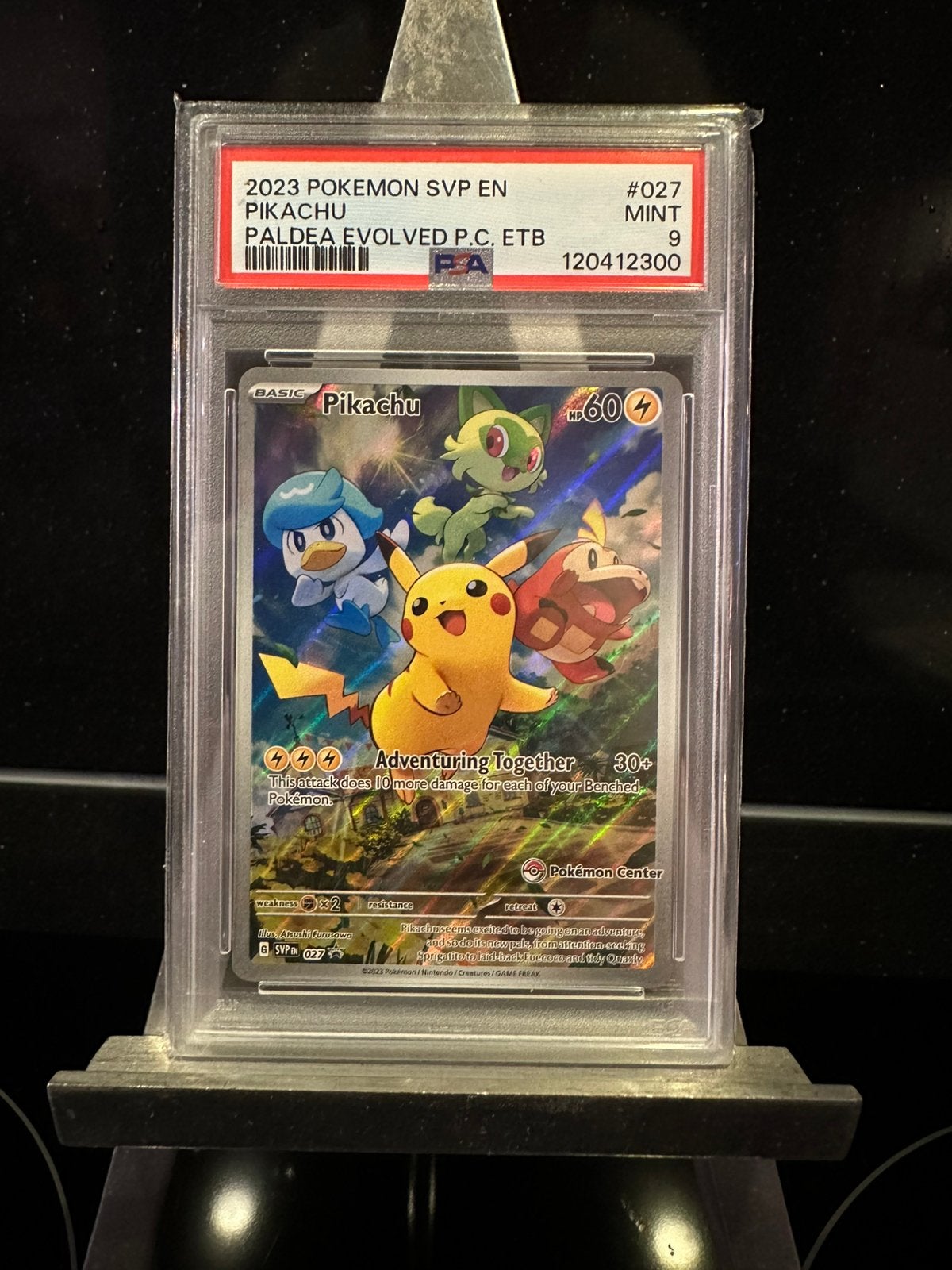PSA 9 Pikachu Paldea Evolved P.C. ETB (Pokemon Center stamp), Ophalen, Zo goed als nieuw, Losse kaart