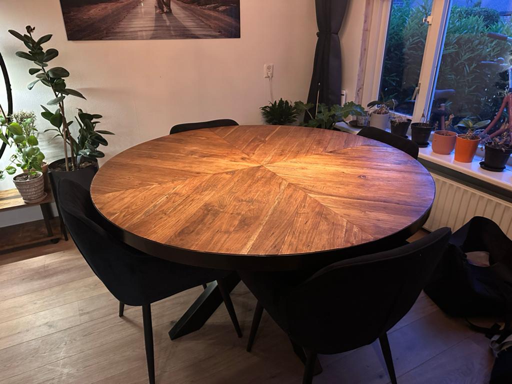 Ronde eettafel 140 cm met zware stalen poten, Ophalen, Rond, Zo goed als nieuw, Vijf personen of meer