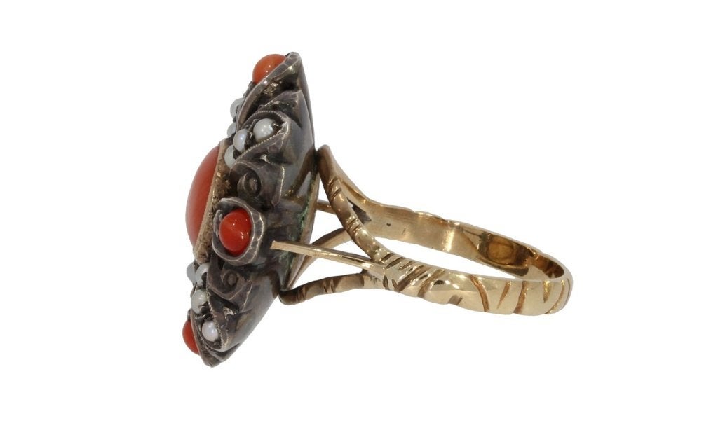 Bloedkoraal parel antieke 14k gouden fraaie ring dame zilver, Ophalen of Verzenden, Goud, Ring, Met edelsteen
