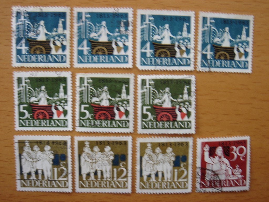 Onafhankelijkheid 1813-1963 11x NVPH 807, 808, 809 en 810  , Ophalen of Verzenden, Na 1940, Gestempeld