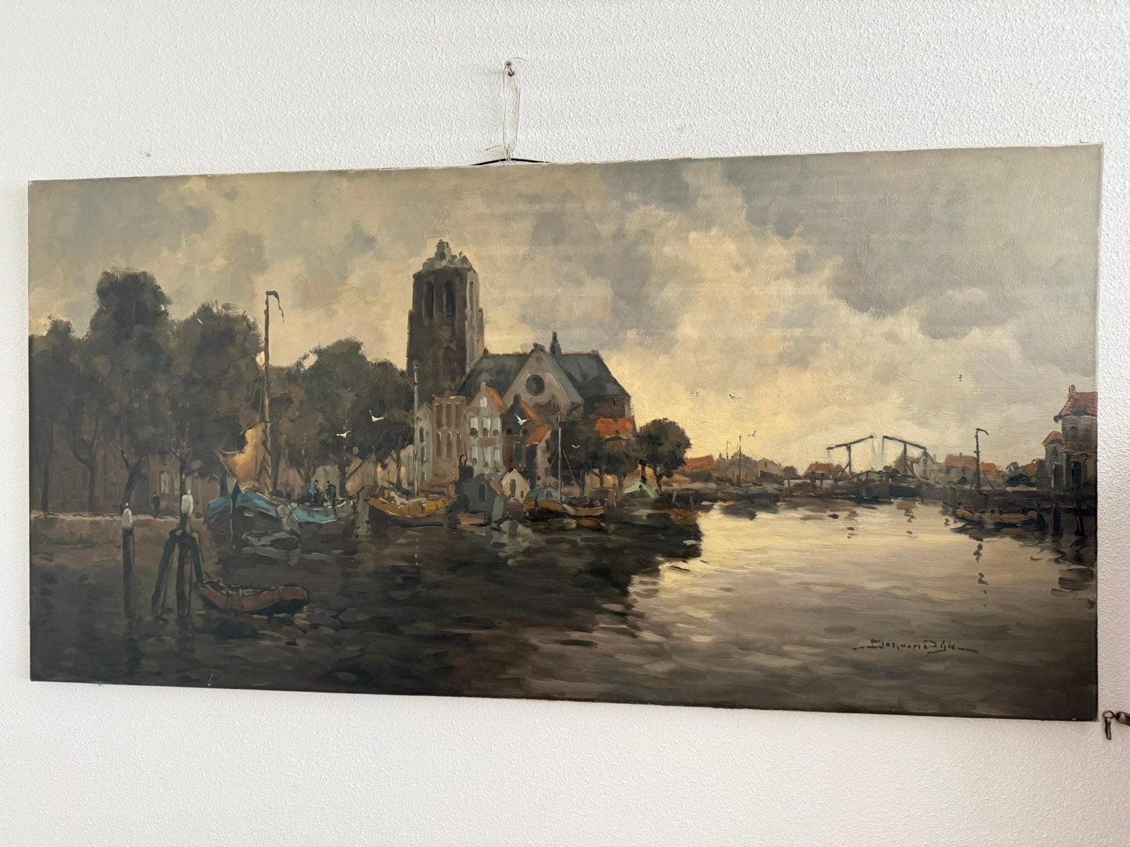 Jos van Dijk schilderij Hollands Stadsgezicht Havengezicht, Doek, Ophalen of Verzenden, Olieverf, Handgeschilderd