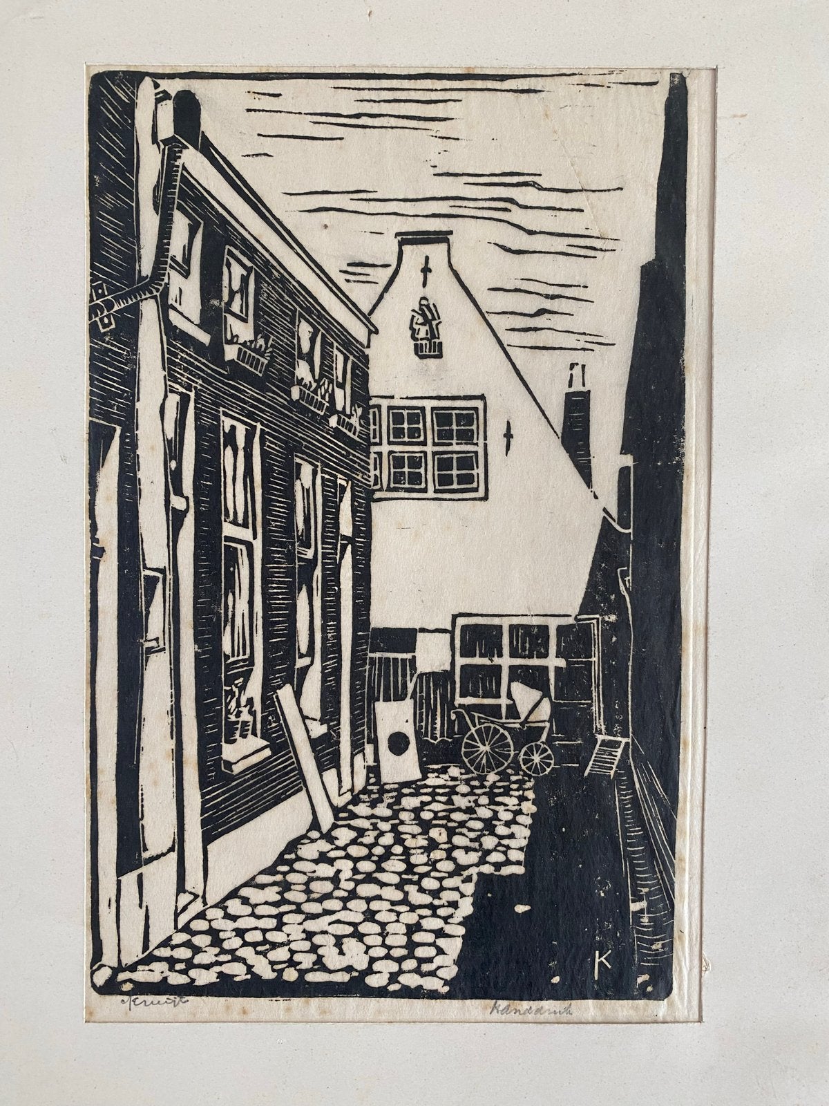 Houtsnede van een steegje, gesigneerd, Stadsgezicht, Ophalen of Verzenden, Houtsnede, Gesigneerd