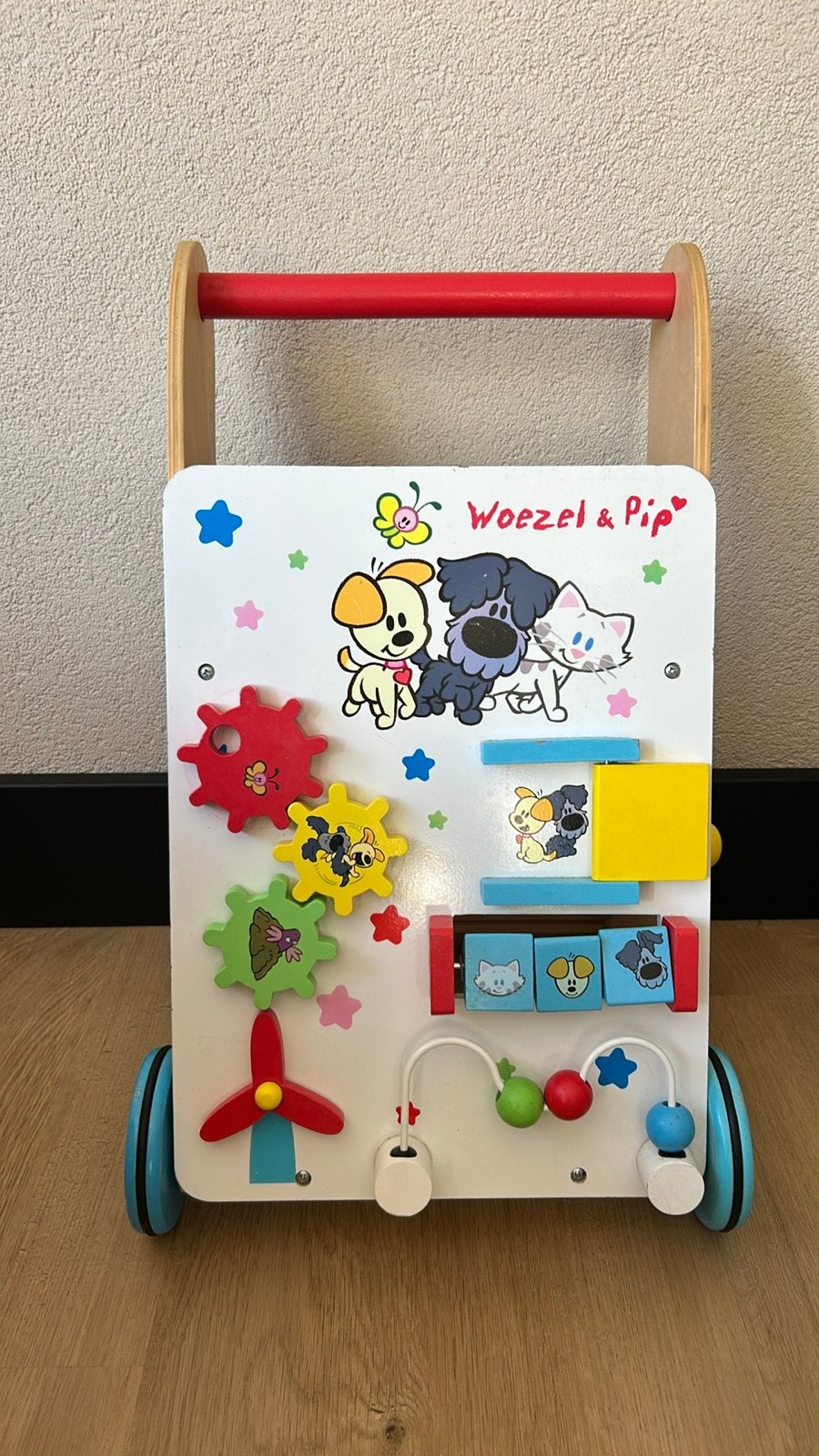 Houten loopwagen Woezel en Pip met activiteitenbord, Ophalen, Zo goed als nieuw, Overige typen, Met wieltjes