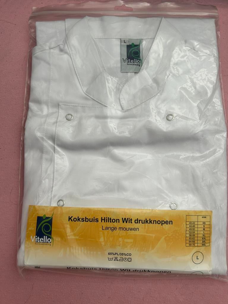 Koksbuis Hilton wit druk knopen maat L, Huis en Inrichting, Ophalen of Verzenden, Nieuw, Wit, Schort