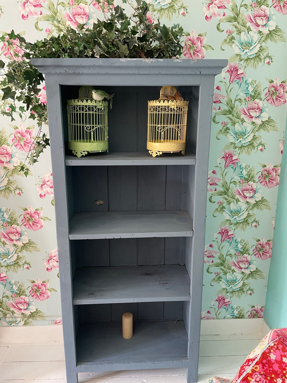 Vintage houten boekenkast/stellingkast in grijsblauw, Huis en Inrichting, Kasten | Boekenkasten, Gebruikt, Minder dan 50 cm, 150 tot 200 cm