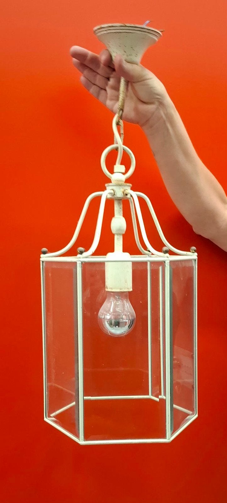 Glazen met ijzer lantaarnlamp, Huis en Inrichting, Lampen | Hanglampen, Ophalen of Verzenden, Zo goed als nieuw