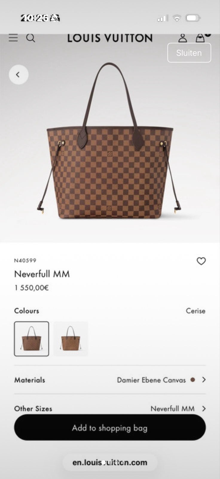 Louis Vuitton Neverfull MM Damier Ebene Rose Ballerine, Ophalen, Gebruikt, Bruin, Shopper