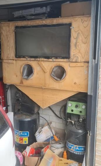 Straalcabine handgemaakt groot hout met drukvat, Doe-het-zelf en Verbouw, Overige Doe-het-zelf en Verbouw, Ophalen, Gebruikt