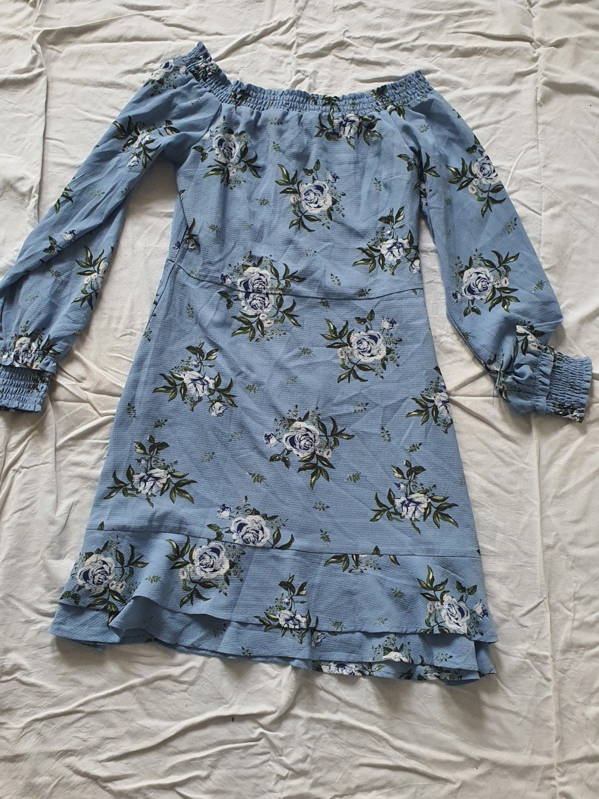 H&M Divided Off-Shoulder Jurk met Bloemenprint Maat 36, Blauw, H&M Divided, Ophalen of Verzenden, Zo goed als nieuw