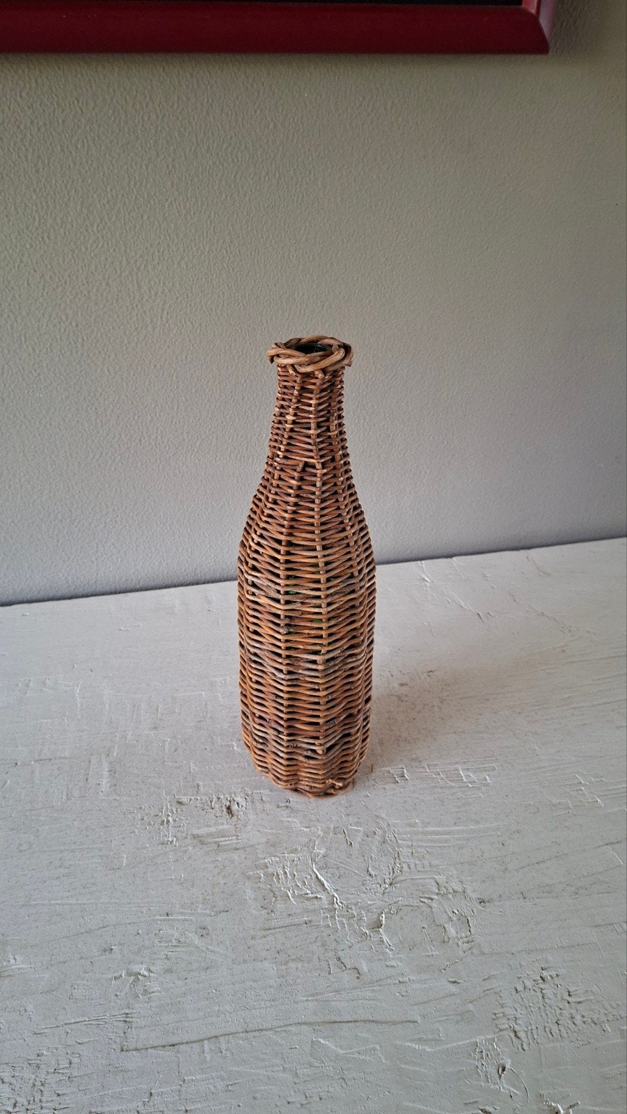 Stoere rieten mandfles / vaas (Boho / Japandi) – 30 cm, Ophalen of Verzenden, Glas