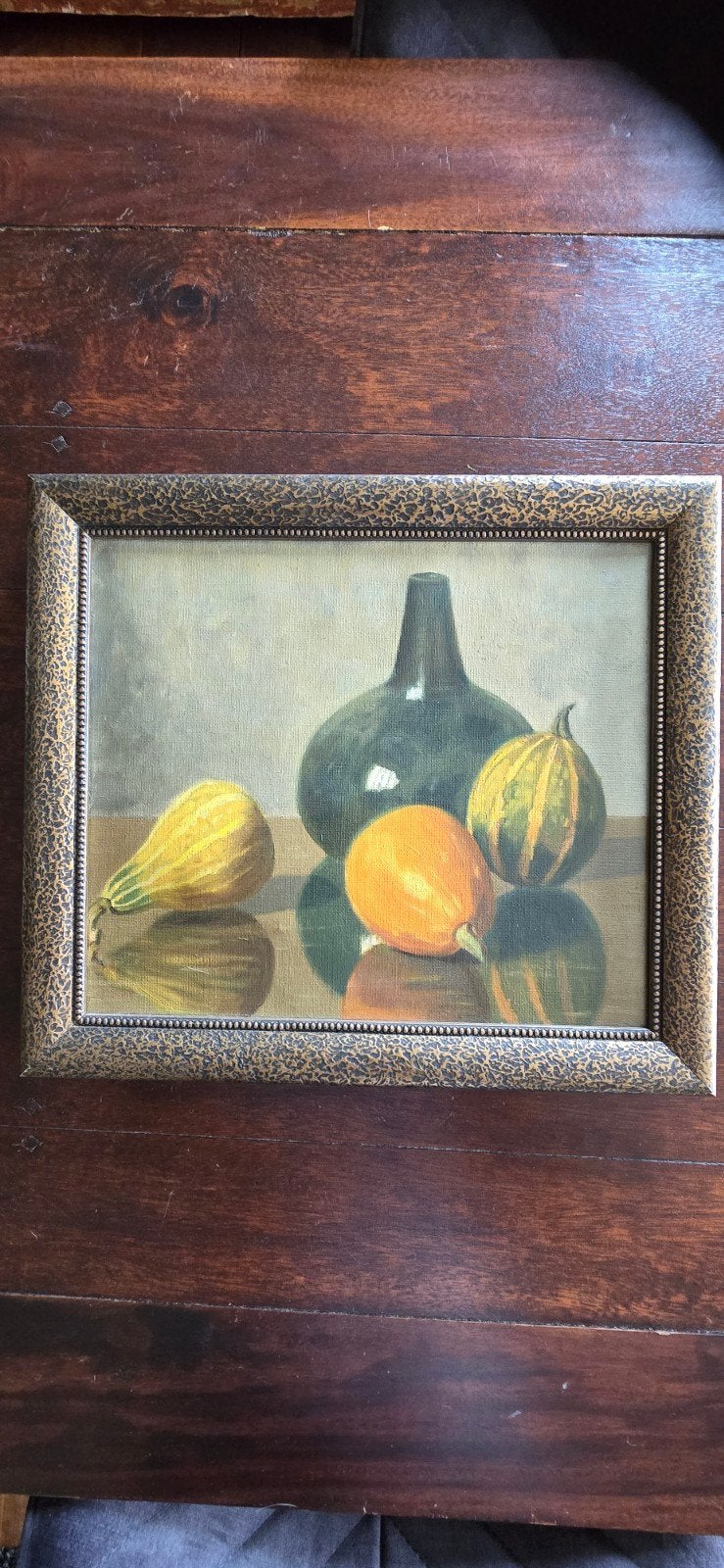 Klassiek Stilleven Pompoenen & Vaas (1935) - Gemonogrammeerd, Doek, Bijzondere lijst, Stilleven, Ophalen of Verzenden