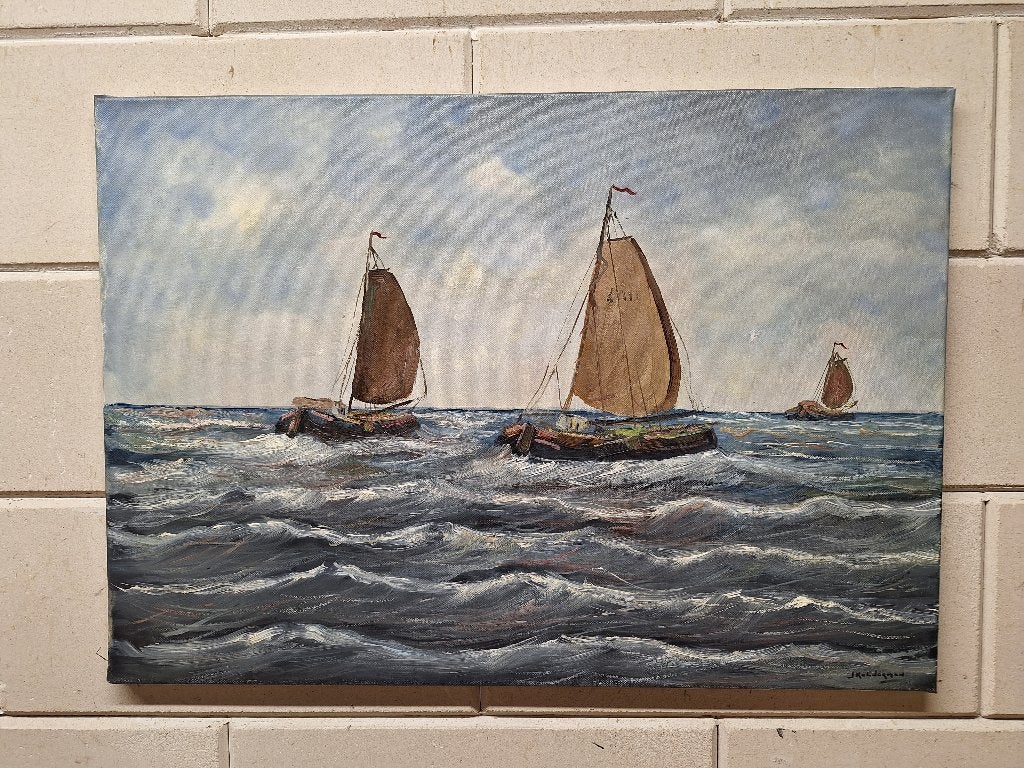 Maritiem schilderij van zeilschepen op woelige zee, Antiek en Kunst, Kunst | Schilderijen | Klassiek, Doek, Realistisch, Ophalen of Verzenden