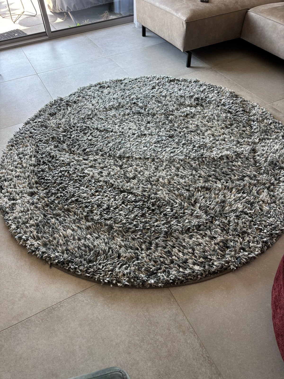 Rond grijs/groen/wit hoogpolig vloerkleed, Huis en Inrichting, Stoffering | Tapijten en Kleden, Ophalen, Rond, 200 cm of meer