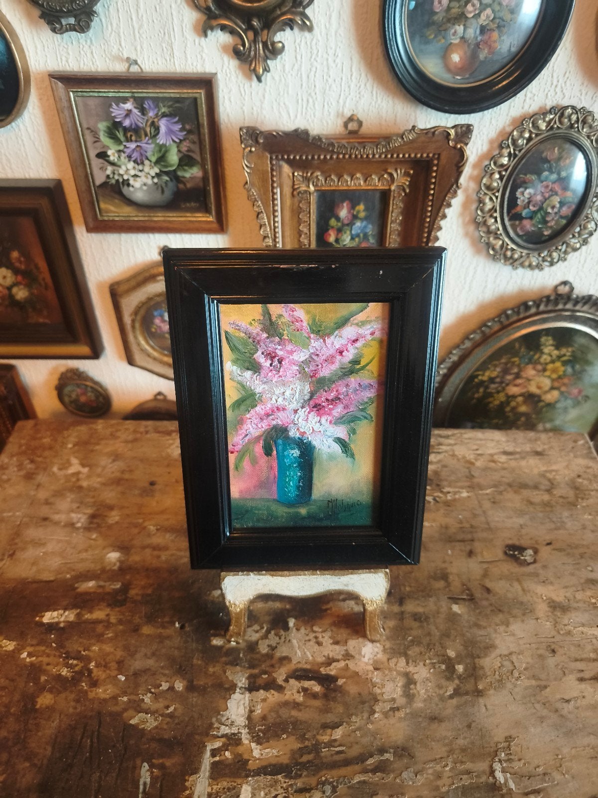 oud schilderijtje schilderij lijst stilleven bloemen M87, Antiek en Kunst, Ophalen of Verzenden