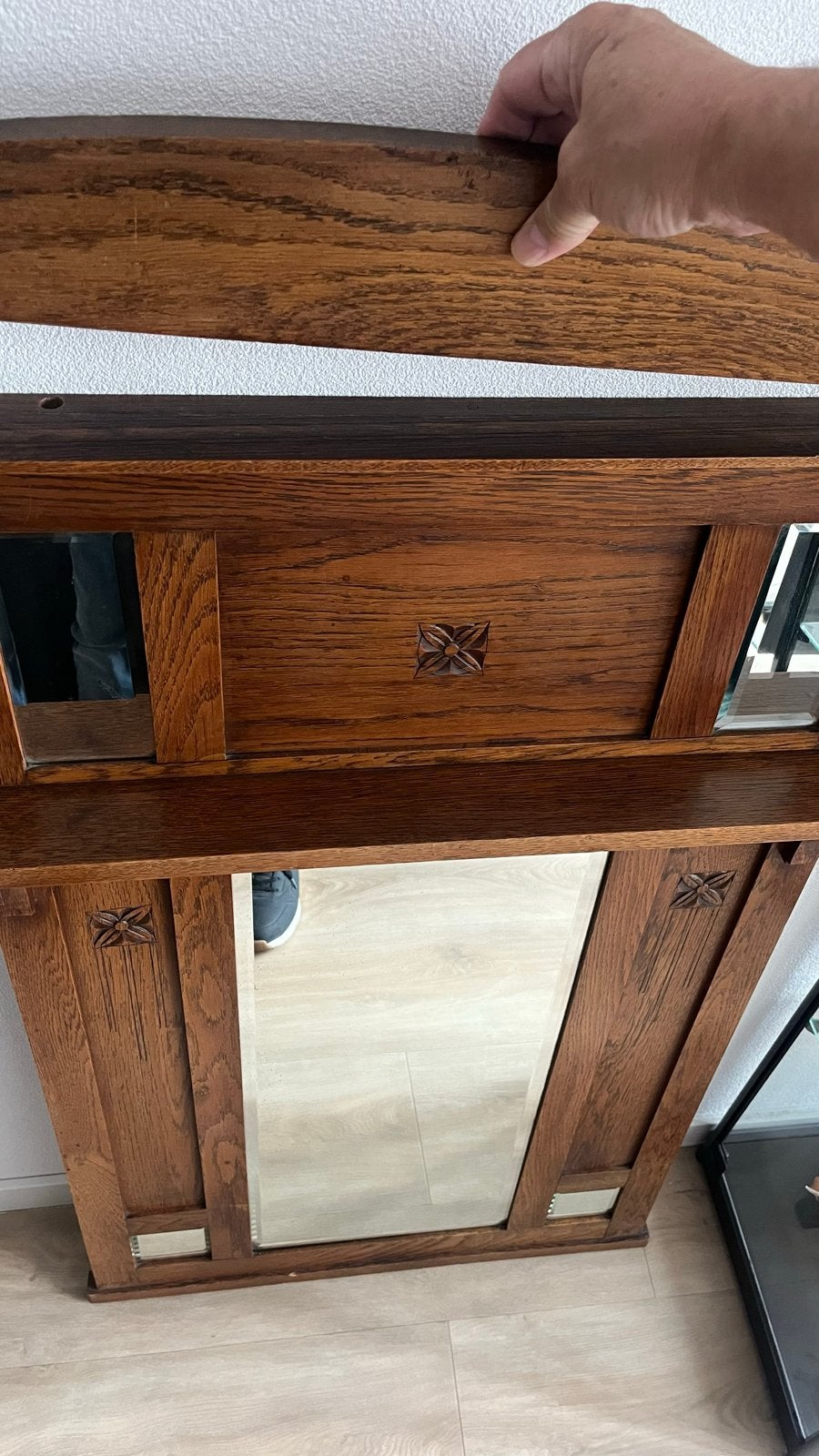 Antieke Jugendstil  houten spiegel met decoratieve details, Ophalen, Rechthoekig, 50 tot 100 cm, 100 tot 150 cm