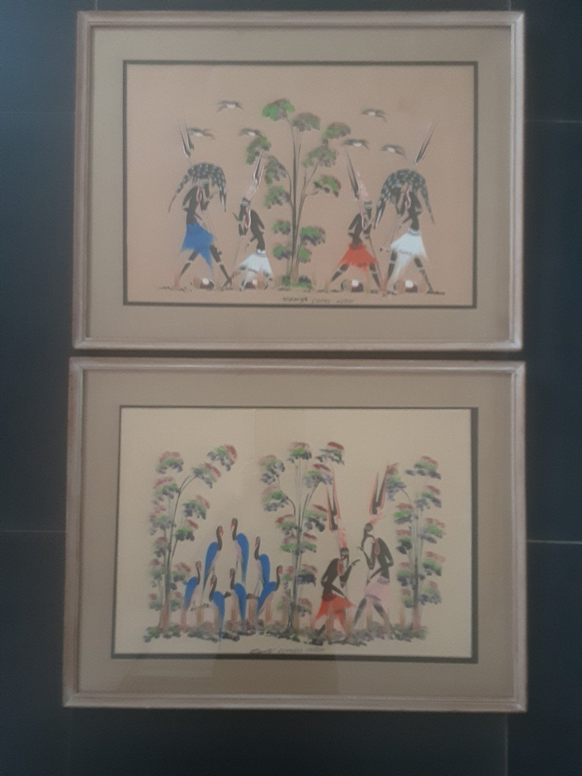 Twee ingelijste Afrikaanse kunstwerken Gank Mataoli Congo., Schilderij, Afrika, Handgemaakt, 47 cm