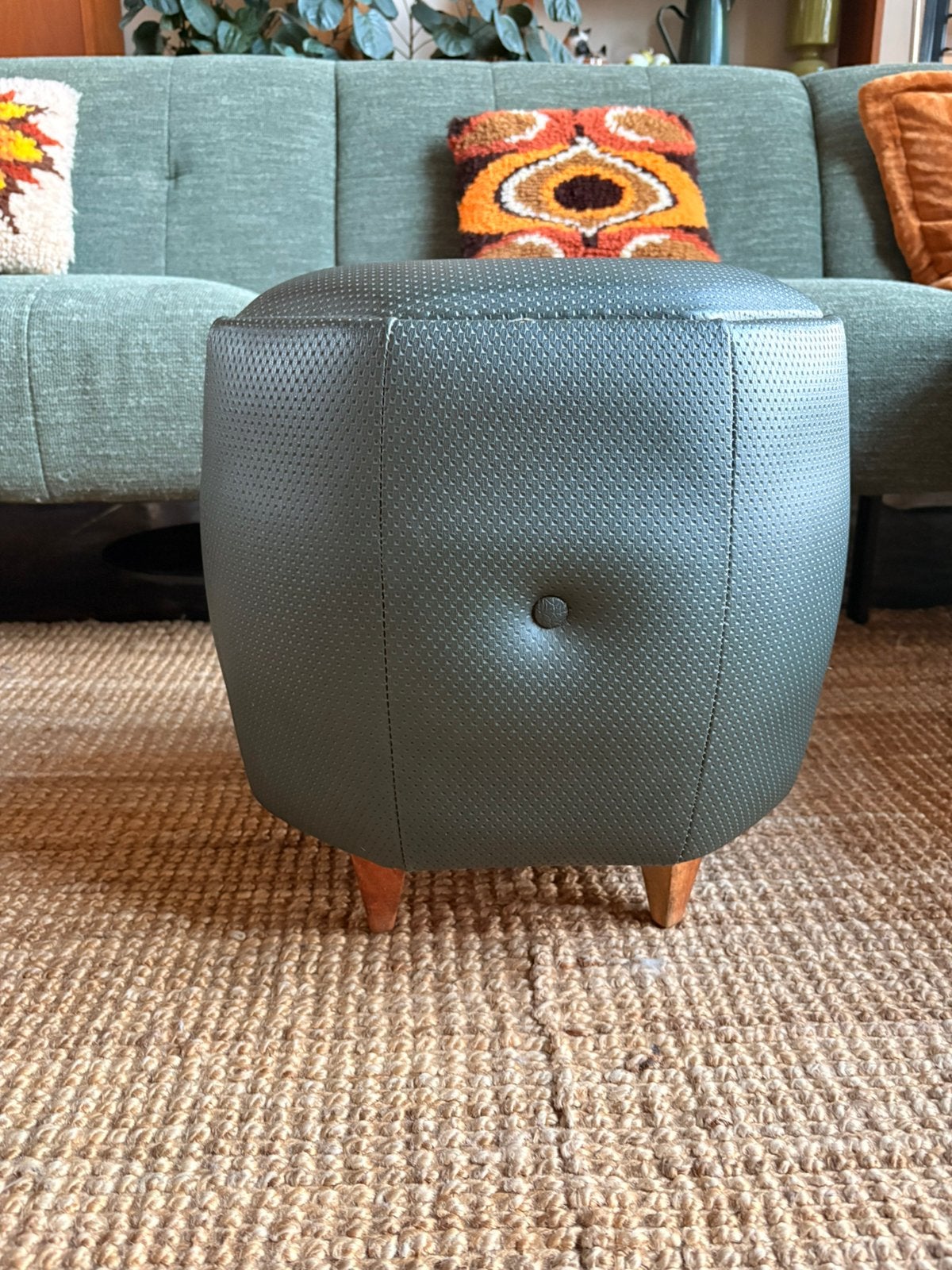 Vintage retro poef / naaipoef / voetenbank kruk donkergroen, Ophalen, Vintage, retro, Minder dan 50 cm, Gebruikt